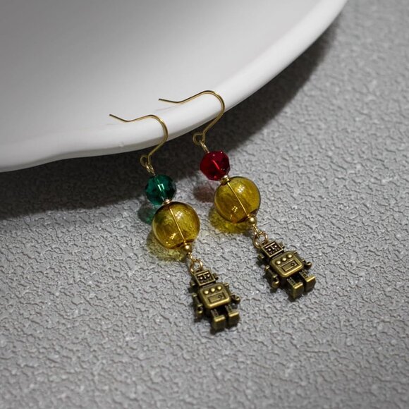 Steampunk Mismatched Glass Ball Dangle Earrings for Women, Brass & Copper, Uniqu - Picture 2 of 7